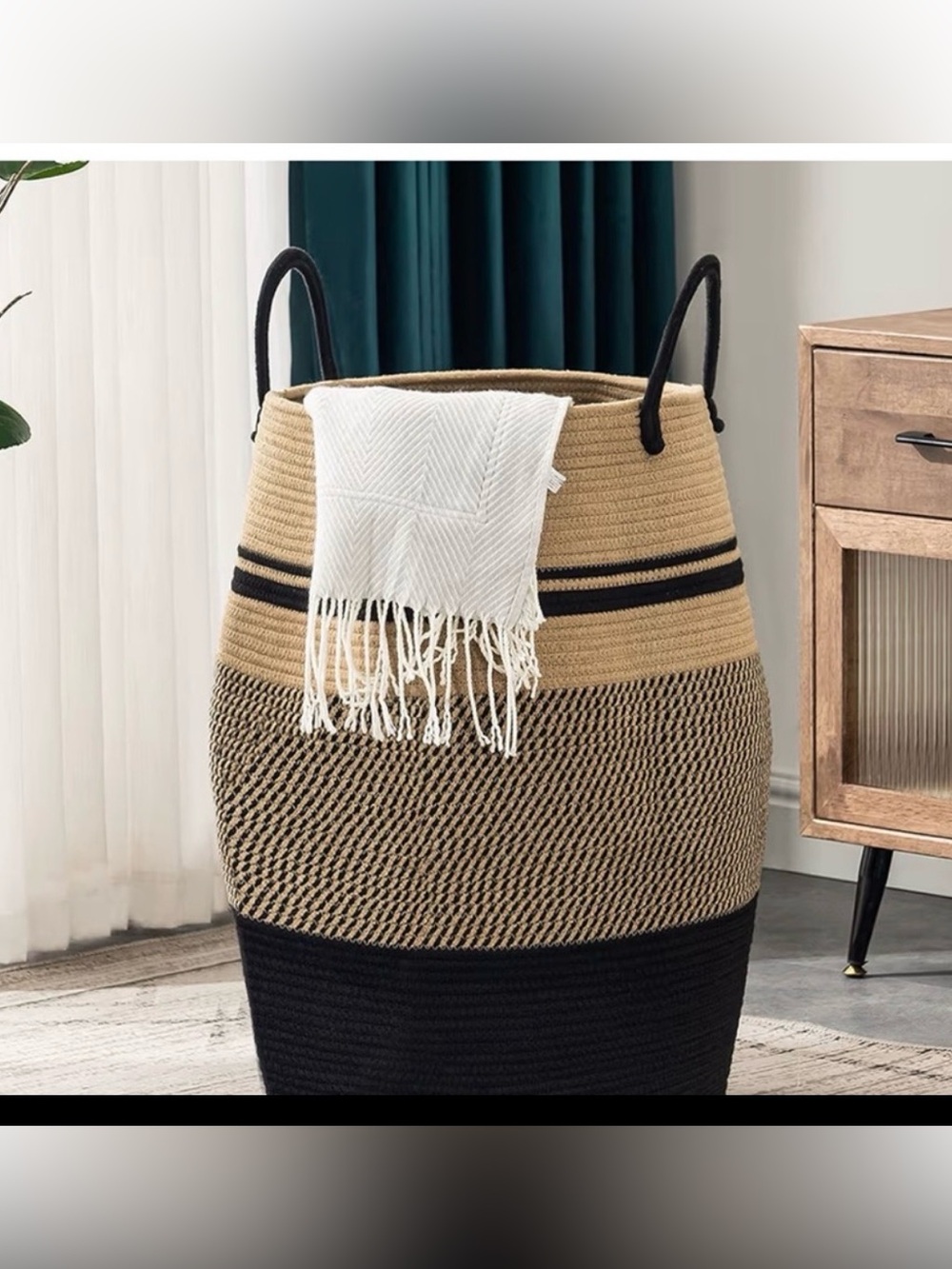 Chic Large Black and Beige Tan Woven Storage Basket or Tote